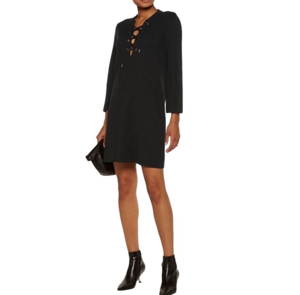 Theory Patrinelle Lace-Up Cozy Wool Blend Long Sleeve Black Sweater Dress Small